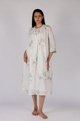 White Floral Print Cotton Gathered Midi Dress