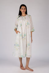 White Floral Print Cotton Gathered Midi Dress
