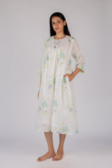 White Floral Print Cotton Gathered Midi Dress