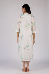 White Floral Print Cotton Gathered Midi Dress