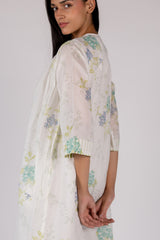 White Floral Print Cotton Gathered Midi Dress