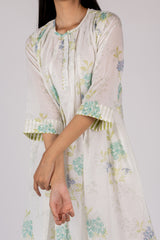 White Floral Print Cotton Gathered Midi Dress