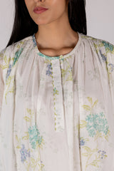 White Floral Print Cotton Gathered Midi Dress