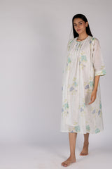 White Floral Print Cotton Gathered Midi Dress