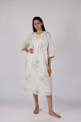 White Floral Print Cotton Gathered Midi Dress