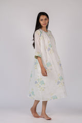 White Floral Print Cotton Gathered Midi Dress