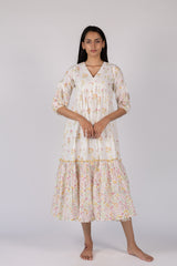 White Floral Print Tiered Cotton Midi Dress