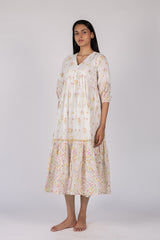 White Floral Print Tiered Cotton Midi Dress