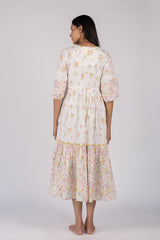 White Floral Print Tiered Cotton Midi Dress