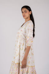 White Floral Print Tiered Cotton Midi Dress