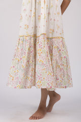 White Floral Print Tiered Cotton Midi Dress
