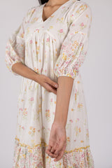 White Floral Print Tiered Cotton Midi Dress