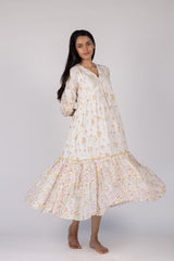 White Floral Print Tiered Cotton Midi Dress
