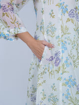 White & Blue Floral Hand-Printed Chanderi Kurta