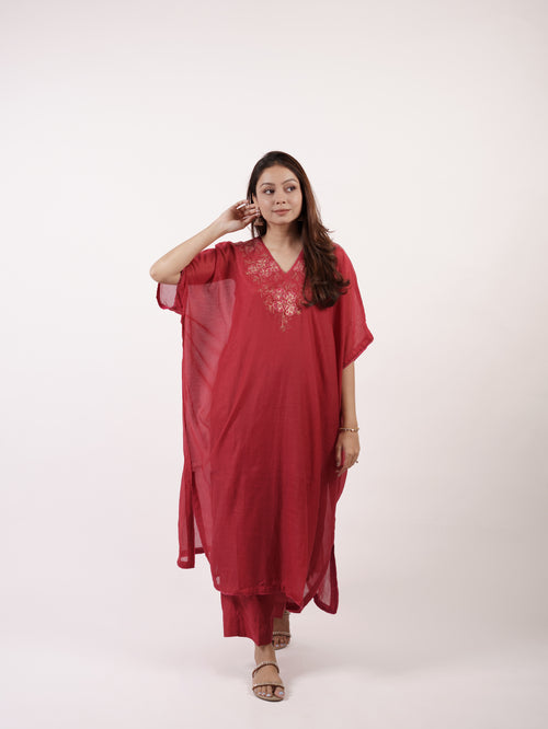 Maroon V-Neck Floral Embroidered Chanderi Kaftan