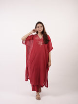 Maroon V-Neck Floral Embroidered Chanderi Kaftan