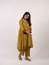 Yellow Hand-Embroidered Chanderi V-Neck Kurta