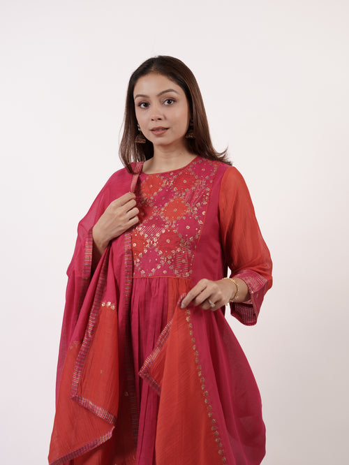 Pink & Orange Dual-Tone Embroidered Chanderi Dupatta