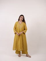 Yellow Hand-Embroidered Chanderi V-Neck Kurta