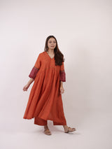 Orange Chanderi Pin-Tuck Flared Kurta with Accent Sleeves