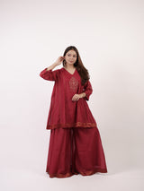 Maroon Hand-Embroidered Chanderi Kurta & Sharara Co-ord Set