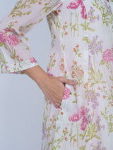 White Floral Hand Block Printed Chanderi Kurta