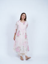 Pink Chanderi Round-Neck Floral Printed Flared Kurta