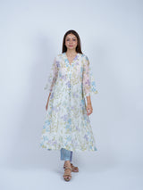 White & Blue Floral Hand-Printed Chanderi Kurta