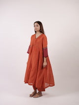 Orange Chanderi Pin-Tuck Flared Kurta with Accent Sleeves