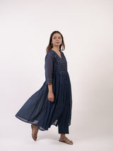 Blue Hand-Embroidered Chanderi V-Neck Kurta
