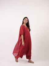 Maroon V-Neck Floral Embroidered Chanderi Kaftan