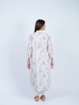 White Cotton Floral Kurta with Striped V-Neckline
