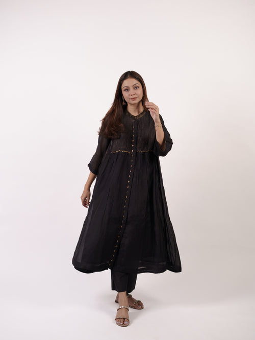 Black Pintuck & Zari Hand-Embroidered Chanderi Kurta