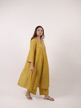 Yellow Hand-Embroidered Chanderi V-Neck Kurta