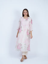 Pink Chanderi Round-Neck Floral Printed Flared Kurta