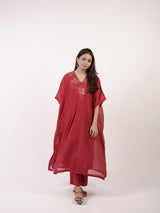 Maroon V-Neck Floral Embroidered Chanderi Kaftan