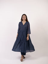 Blue Hand-Embroidered Chanderi V-Neck Kurta