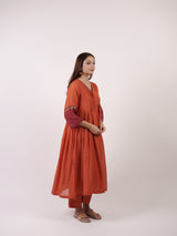 Orange Chanderi Pin-Tuck Flared Kurta with Accent Sleeves
