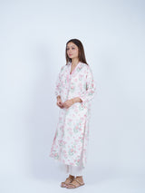 White Cotton Floral Kurta with Striped V-Neckline