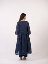 Blue Hand-Embroidered Chanderi V-Neck Kurta