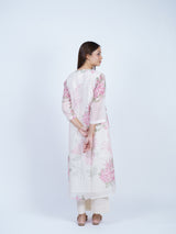 Pink Chanderi Round-Neck Floral Printed Flared Kurta