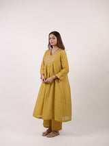 Yellow Hand-Embroidered Chanderi V-Neck Kurta
