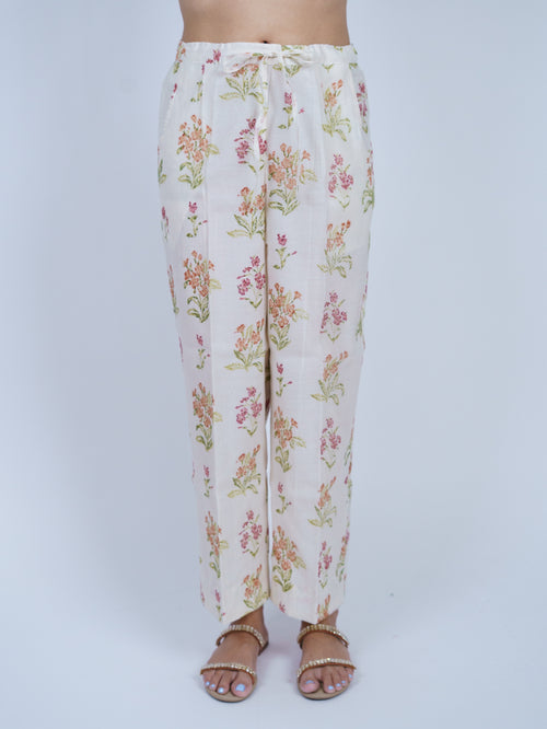 White Floral Block Printed Chanderi Parallel