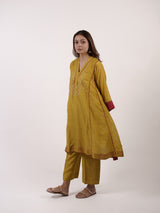 Yellow Hand-Embroidered Chanderi V-Neck Kurta