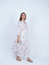 White Cotton Floral Kurta with Striped V-Neckline