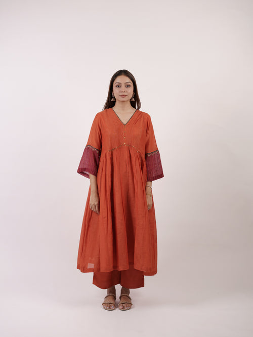 Orange Chanderi Pin-Tuck Flared Kurta with Accent Sleeves