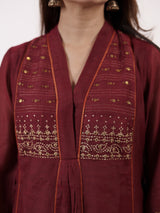 Maroon Hand-Embroidered Chanderi V-Neck Kurta
