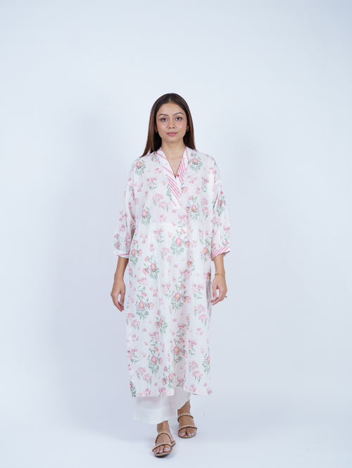 White Cotton Floral Kurta with Striped V-Neckline
