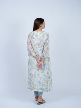 White & Blue Floral Hand-Printed Chanderi Kurta
