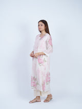 Pink Chanderi Round-Neck Floral Printed Flared Kurta